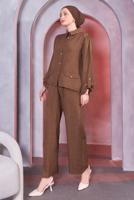 Tesettür giyim KAHVE GÖMLEK YAKA PANTOLONLU TAKIM T 7683