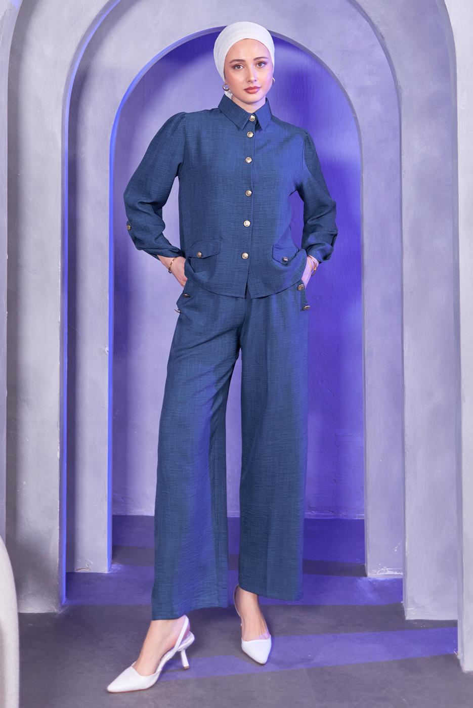 Tesettür giyim LACİVERT GÖMLEK YAKA PANTOLONLU TAKIM T 7683