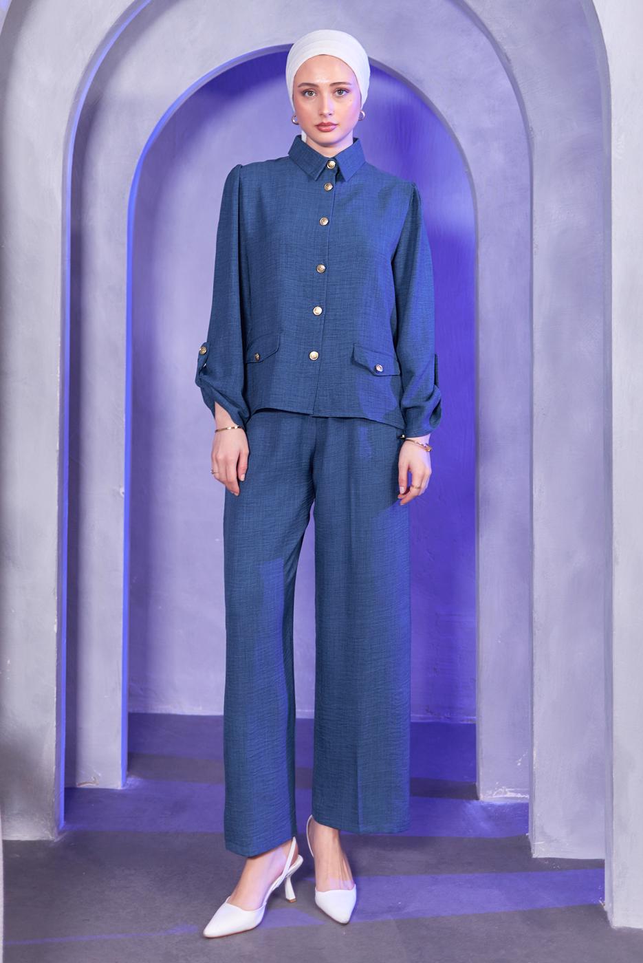 Tesettür giyim LACİVERT GÖMLEK YAKA PANTOLONLU TAKIM T 7683