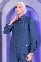 Tesettür giyim LACİVERT GÖMLEK YAKA PANTOLONLU TAKIM T 7683