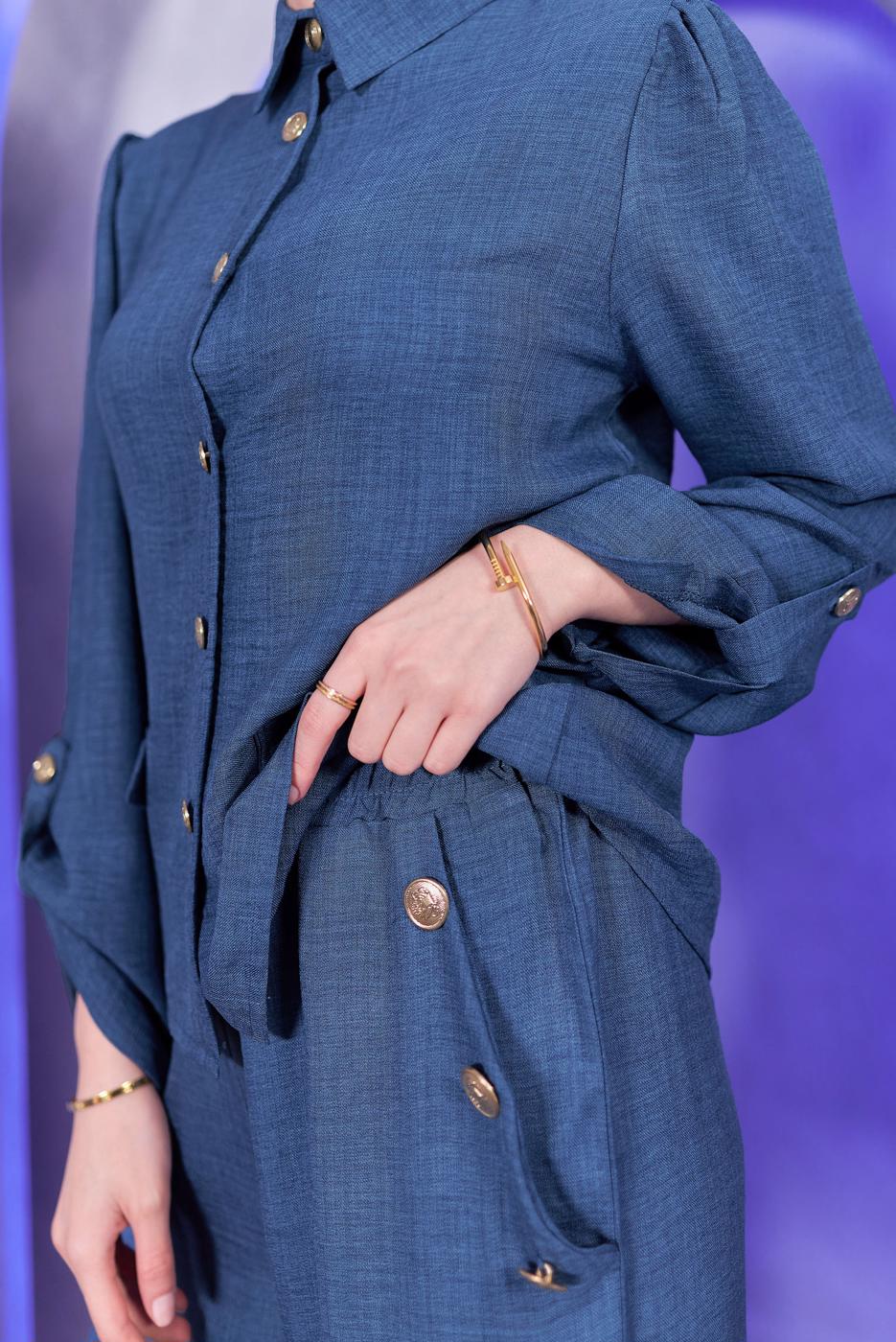 Tesettür giyim LACİVERT GÖMLEK YAKA PANTOLONLU TAKIM T 7683