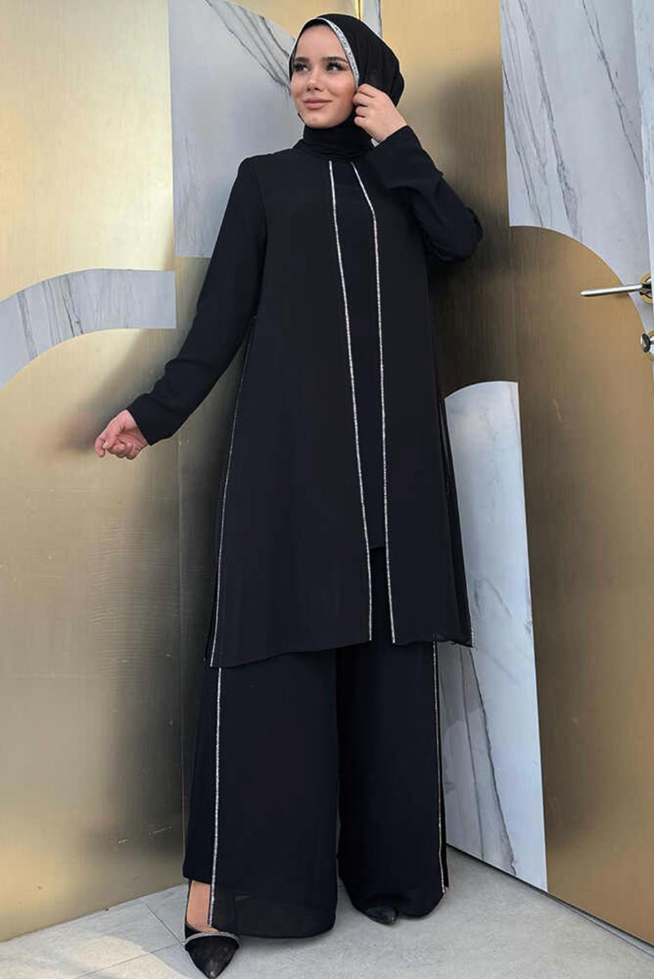 Tesettür giyim SİYAH TAŞLI PANTOLONLU TAKIM T 7848