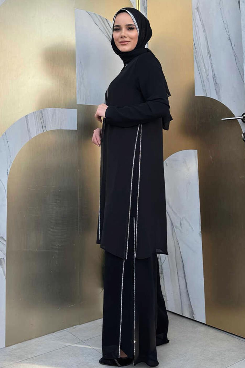 Tesettür giyim SİYAH TAŞLI PANTOLONLU TAKIM T 7848