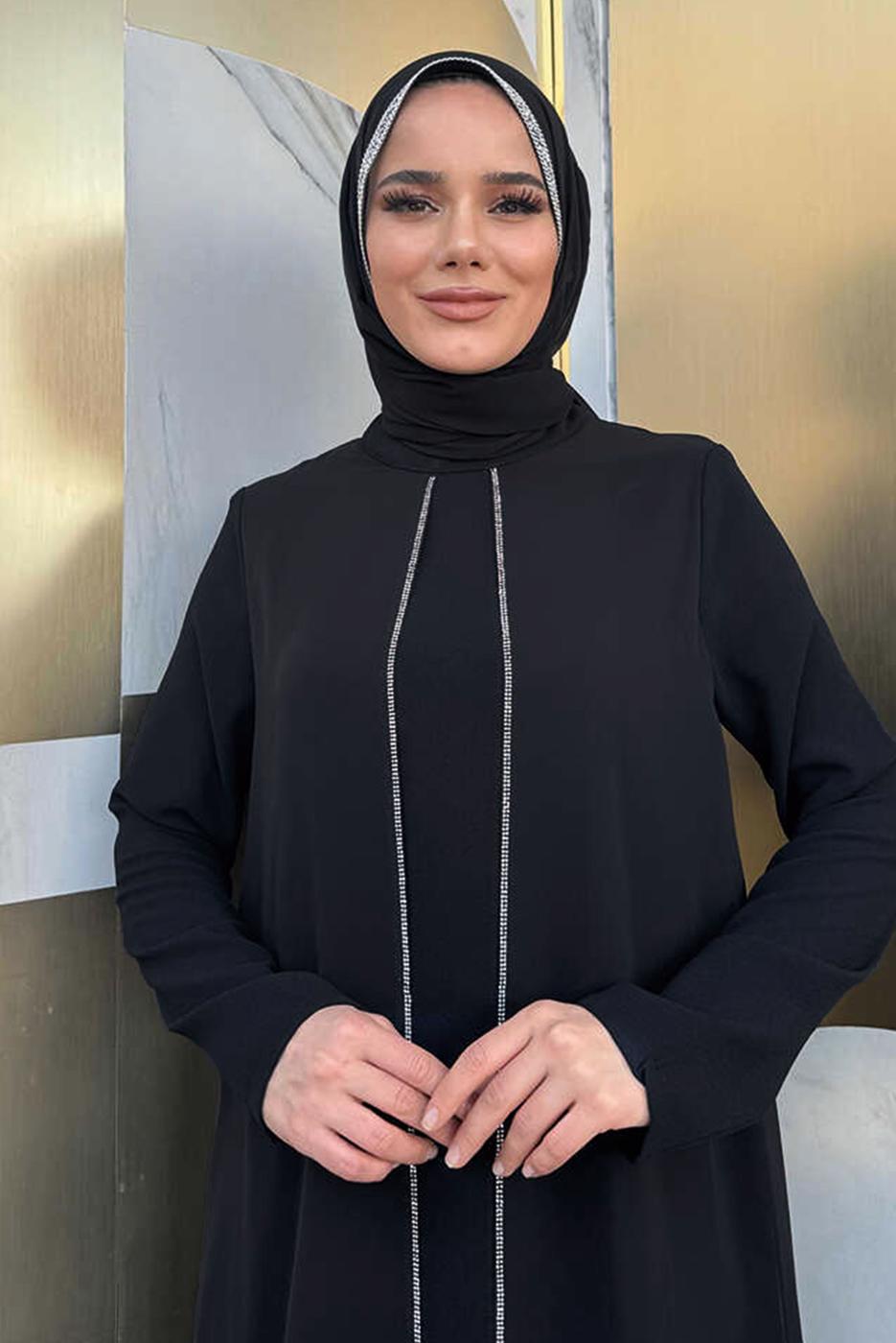 Tesettür giyim SİYAH TAŞLI PANTOLONLU TAKIM T 7848