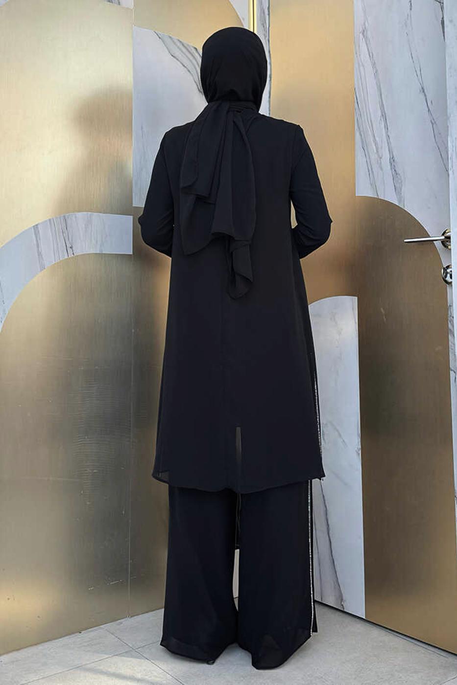 Tesettür giyim SİYAH TAŞLI PANTOLONLU TAKIM T 7848