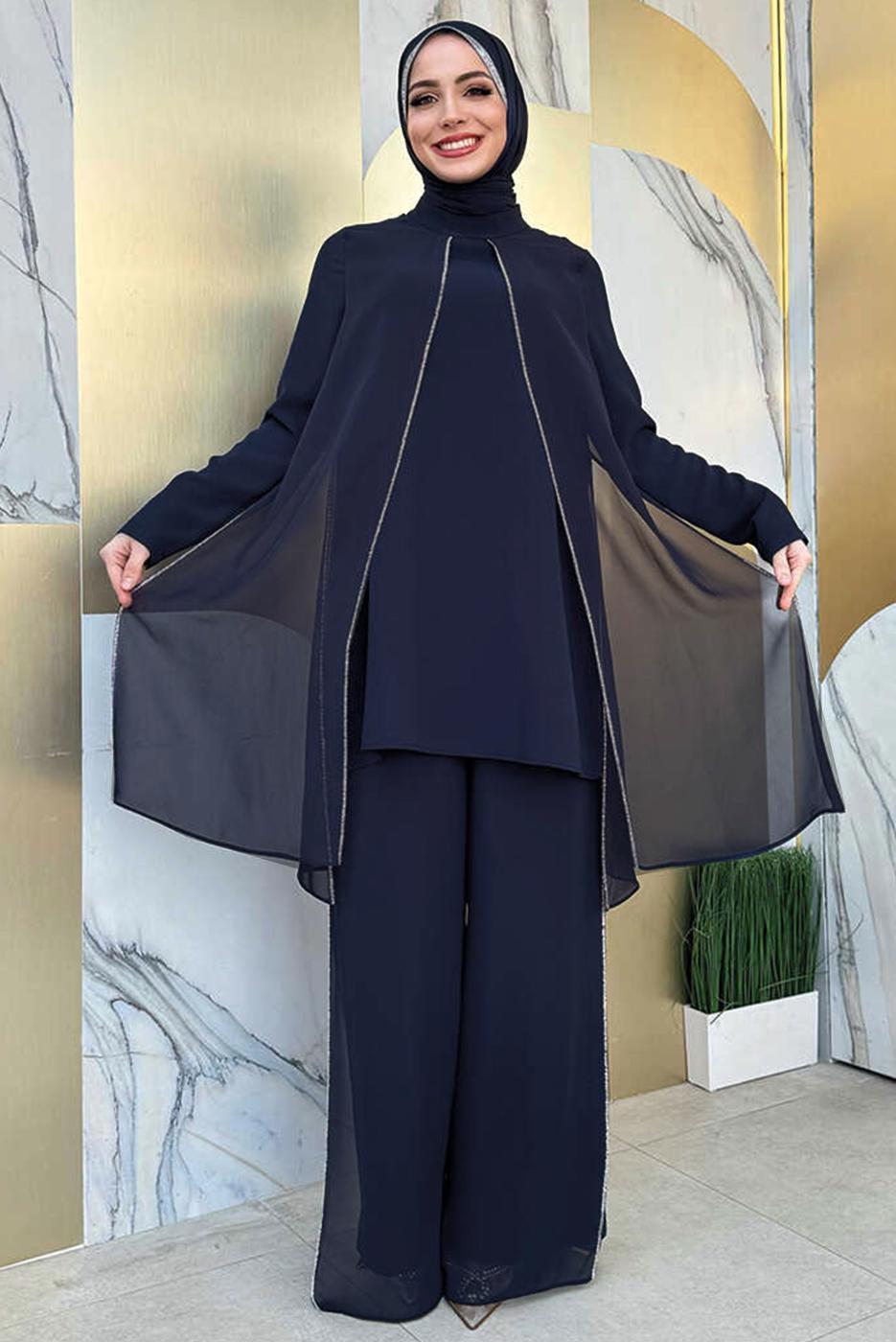 Tesettür giyim LACİVERT TAŞLI PANTOLONLU TAKIM T 7848