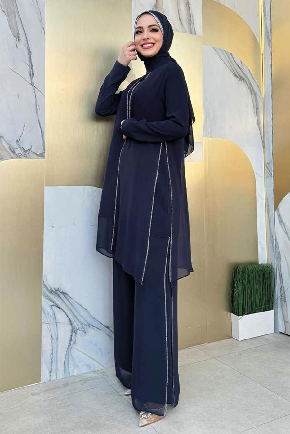 Tesettür giyim LACİVERT TAŞLI PANTOLONLU TAKIM T 7848