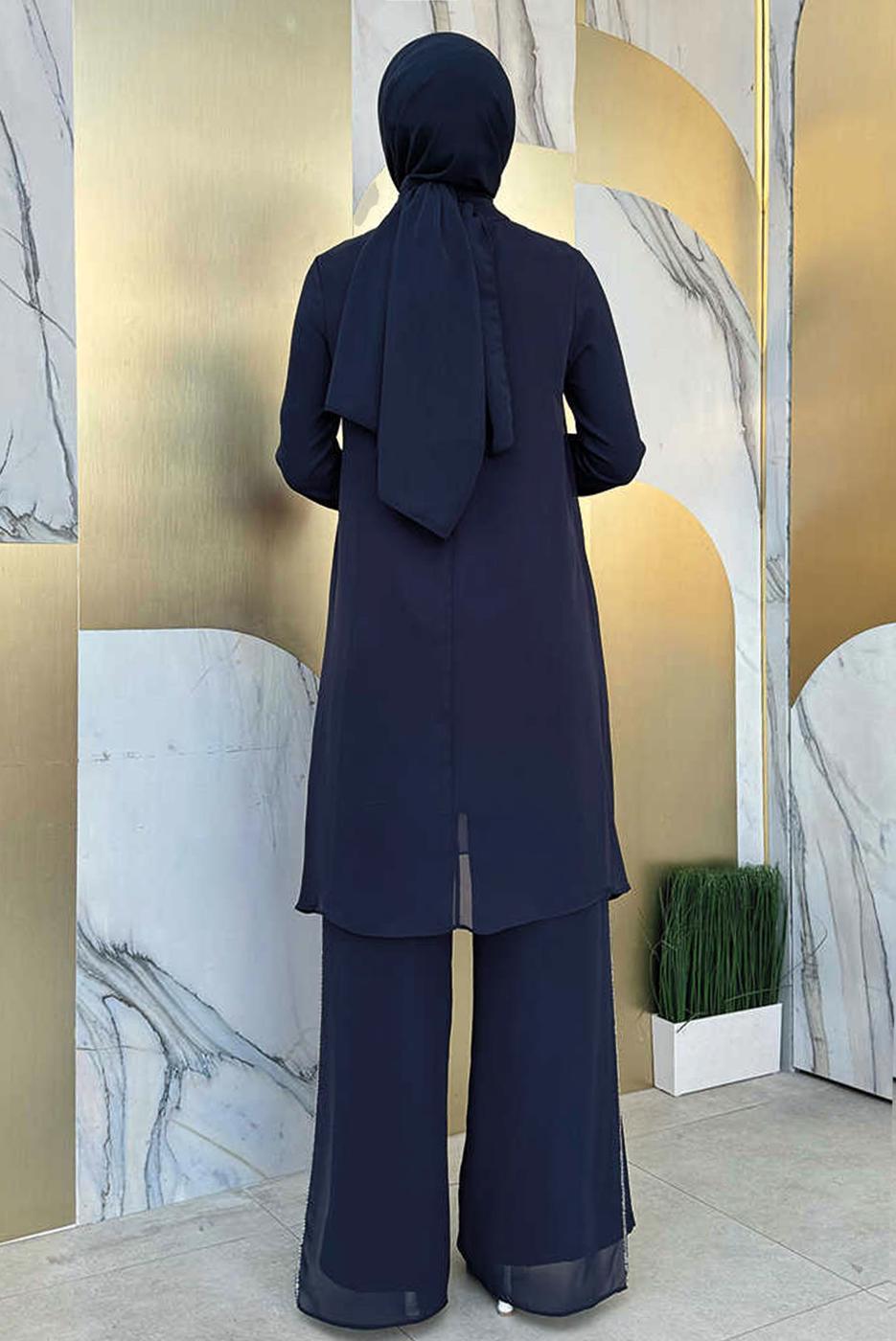 Tesettür giyim LACİVERT TAŞLI PANTOLONLU TAKIM T 7848