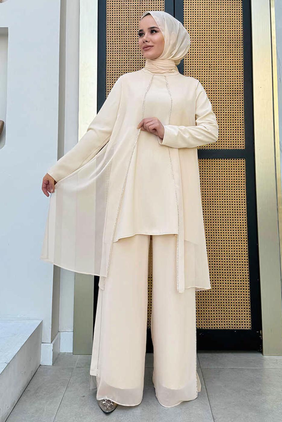 Tesettür giyim BEJ TAŞLI PANTOLONLU TAKIM T 7848