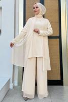 Tesettür giyim BEJ TAŞLI PANTOLONLU TAKIM T 7848