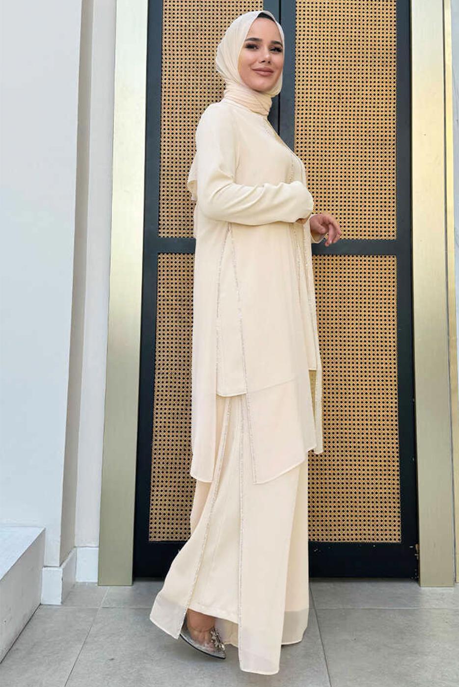 Tesettür giyim BEJ TAŞLI PANTOLONLU TAKIM T 7848