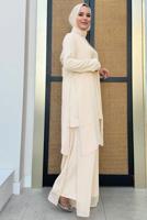 Tesettür giyim BEJ TAŞLI PANTOLONLU TAKIM T 7848