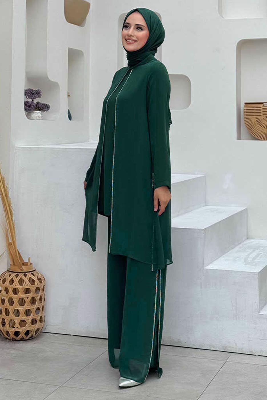 Tesettür giyim YEŞİL TAŞLI PANTOLONLU TAKIM T 7848
