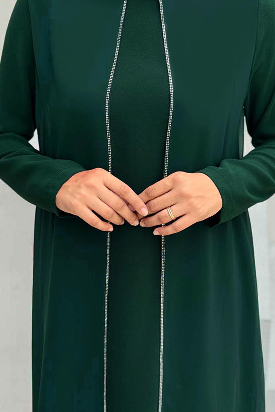 Tesettür giyim YEŞİL TAŞLI PANTOLONLU TAKIM T 7848