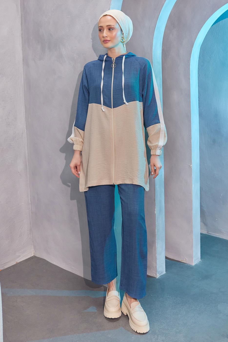 Tesettür giyim LACİVERT KAPÜŞONLU PANTOLONLU TAKIM T 8004