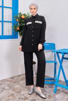 Tesettür giyim SİYAH PÜSKÜL DETAYLI PANTOLONLU TAKIM T 8183