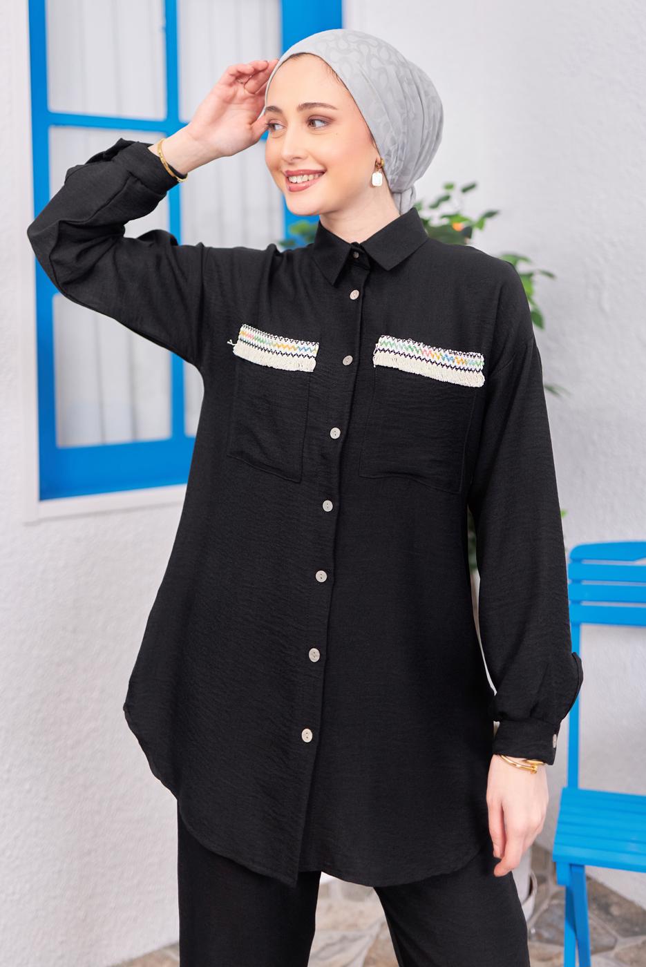 Tesettür giyim SİYAH PÜSKÜL DETAYLI PANTOLONLU TAKIM T 8183