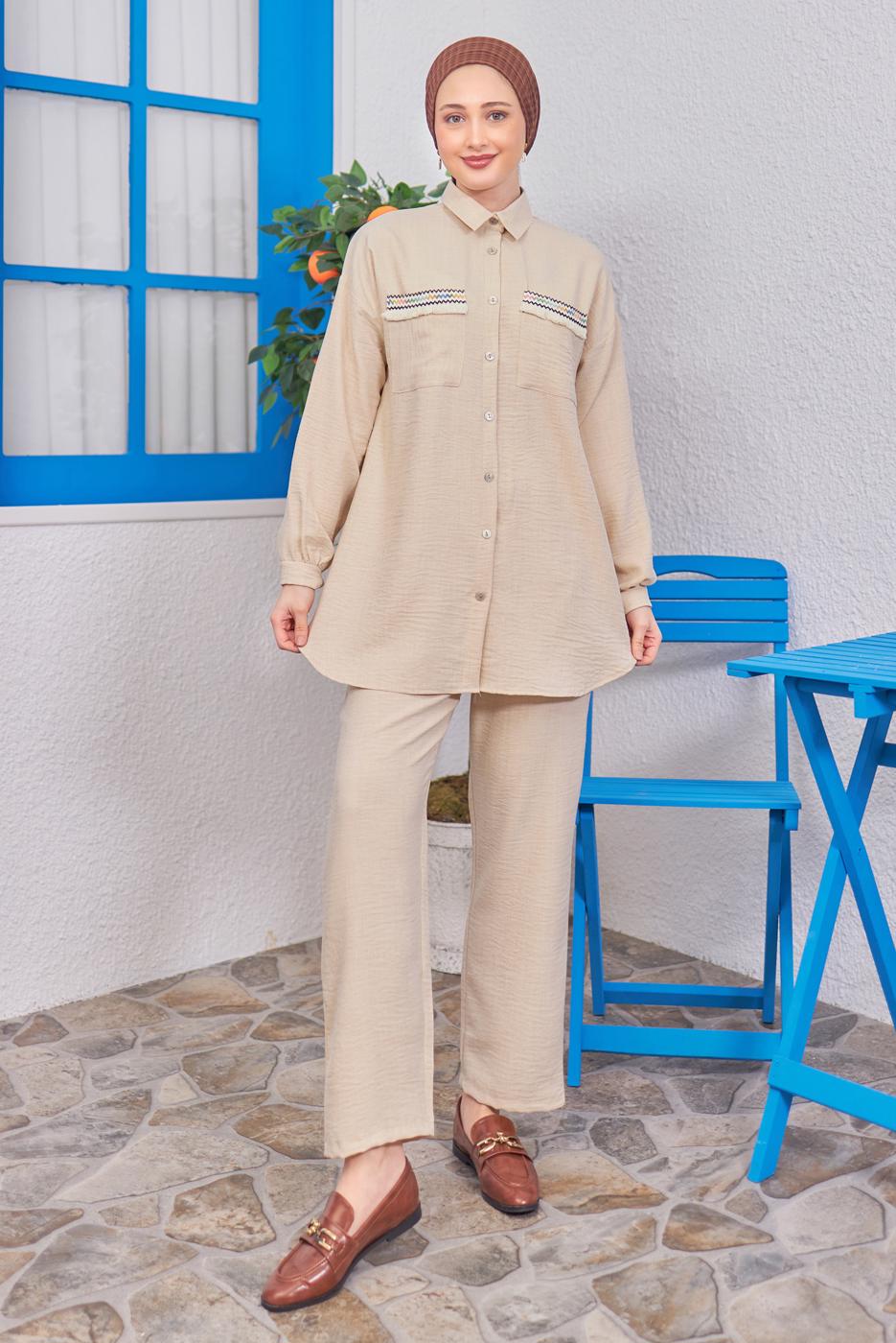 Tesettür giyim BEJ PÜSKÜL DETAYLI PANTOLONLU TAKIM T 8183