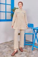 Tesettür giyim BEJ PÜSKÜL DETAYLI PANTOLONLU TAKIM T 8183