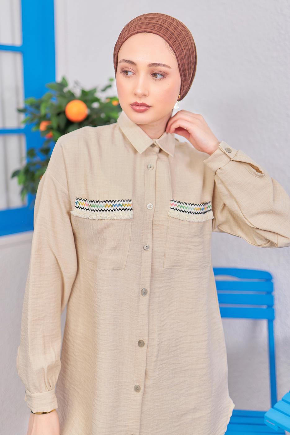 Tesettür giyim BEJ PÜSKÜL DETAYLI PANTOLONLU TAKIM T 8183