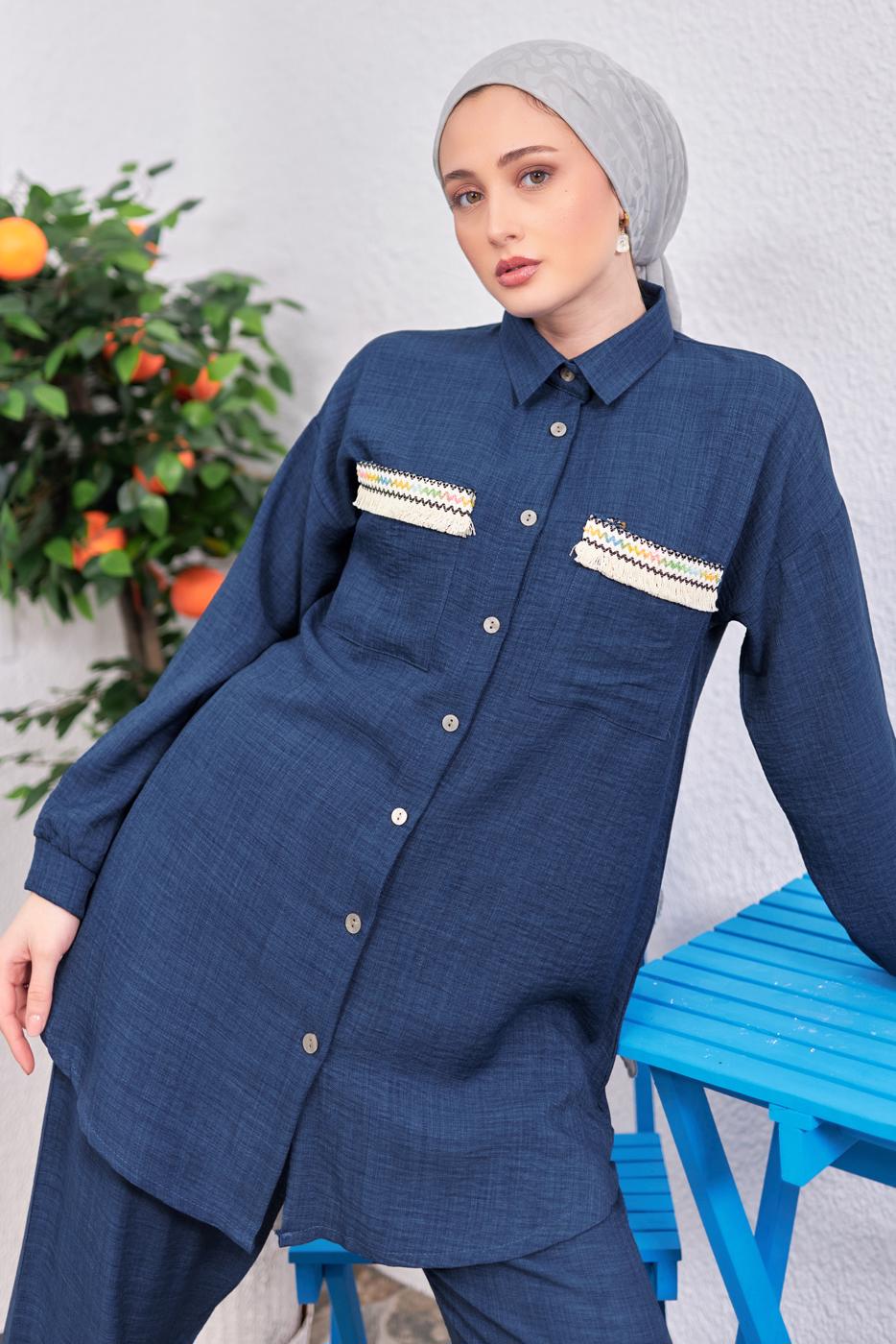 Tesettür giyim LACİVERT PÜSKÜL DETAYLI PANTOLONLU TAKIM T 8183