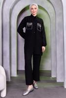 Tesettür giyim SİYAH TAŞ DETAYLI PANTOLONLU TAKIM T 8683