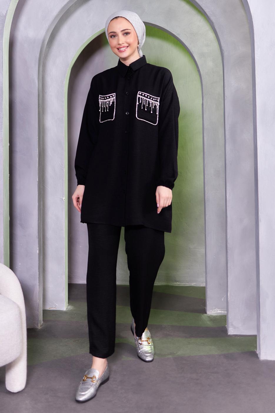 Tesettür giyim SİYAH TAŞ DETAYLI PANTOLONLU TAKIM T 8683