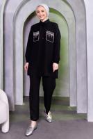 Tesettür giyim SİYAH TAŞ DETAYLI PANTOLONLU TAKIM T 8683