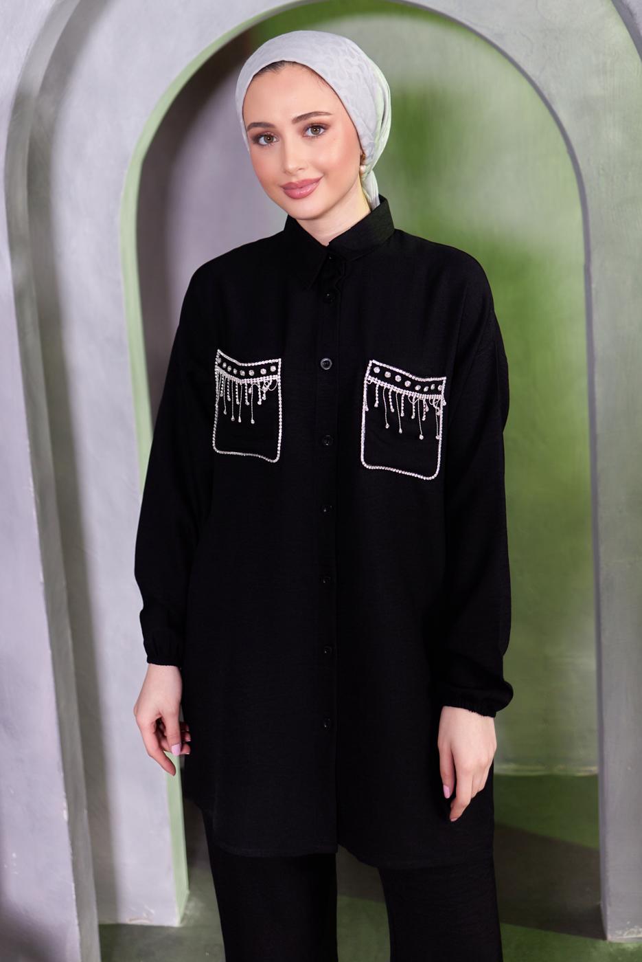 Tesettür giyim SİYAH TAŞ DETAYLI PANTOLONLU TAKIM T 8683