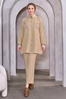 Tesettür giyim BEJ TAŞ DETAYLI PANTOLONLU TAKIM T 8683