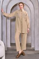 Tesettür giyim BEJ TAŞ DETAYLI PANTOLONLU TAKIM T 8683