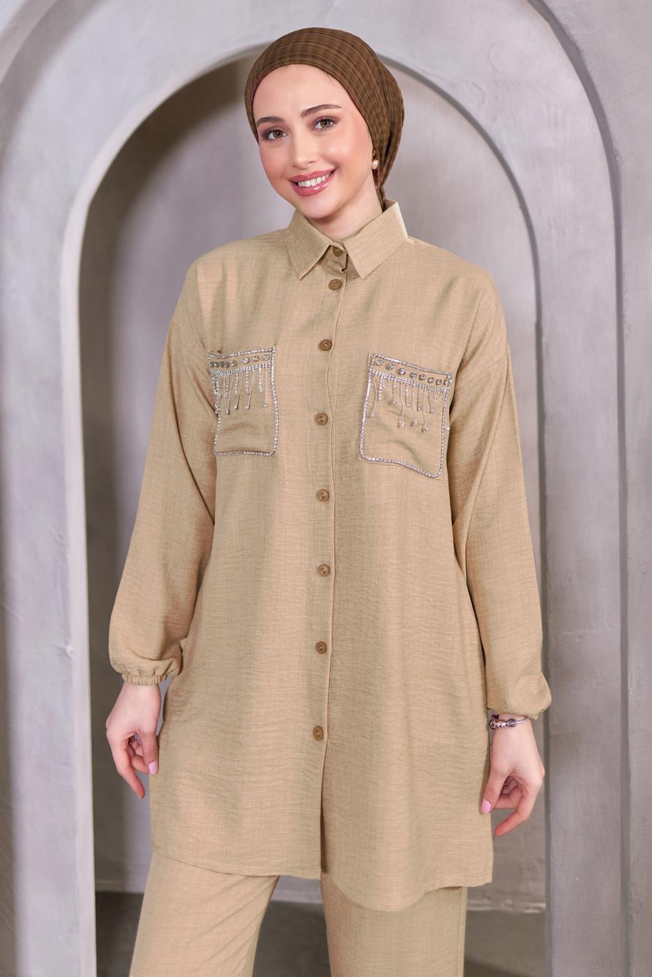 Tesettür giyim BEJ TAŞ DETAYLI PANTOLONLU TAKIM T 8683