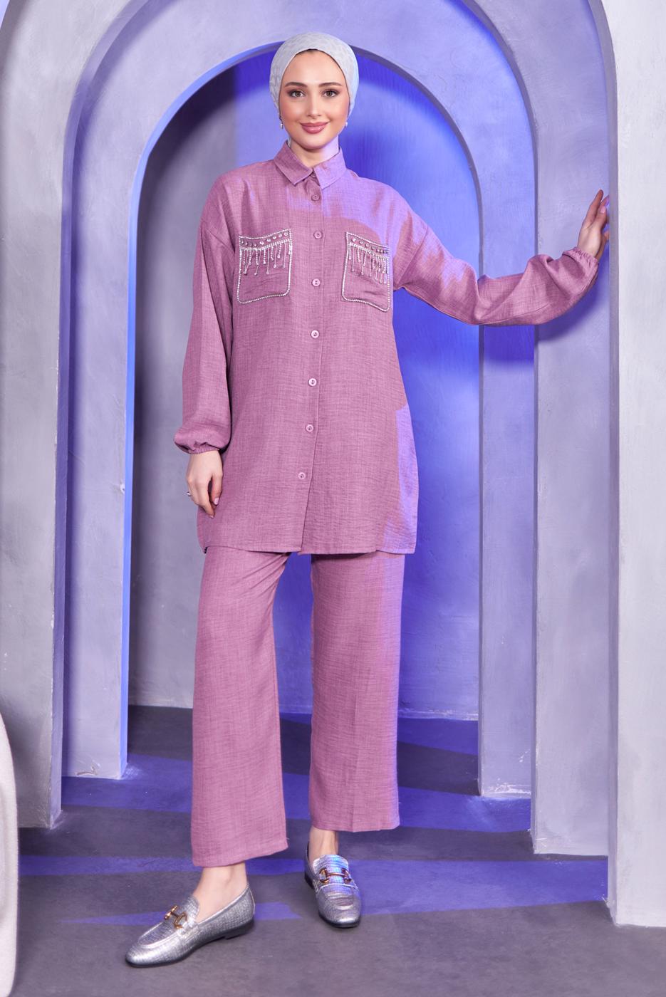 Tesettür giyim MOR TAŞ DETAYLI PANTOLONLU TAKIM T 8683