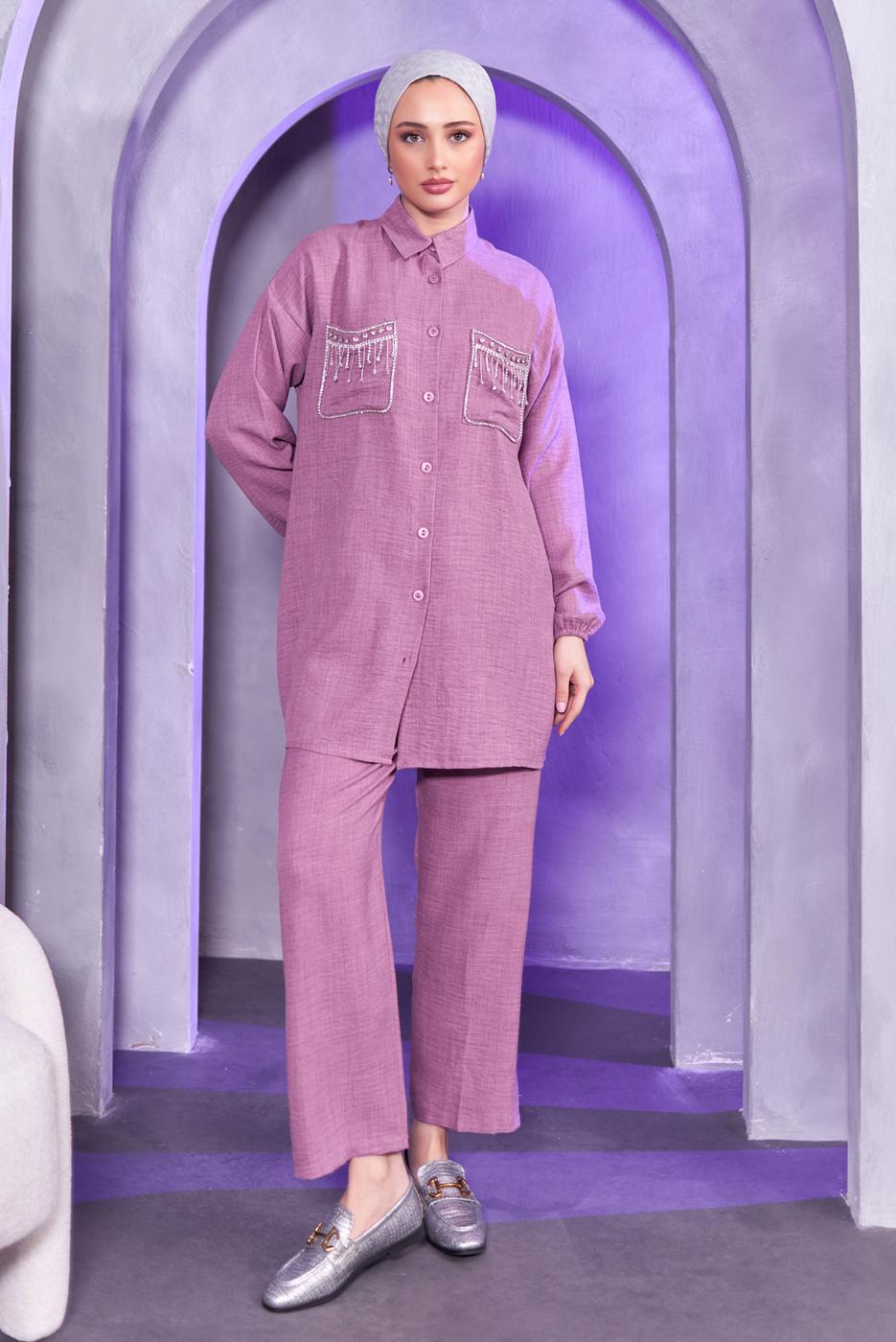 Tesettür giyim MOR TAŞ DETAYLI PANTOLONLU TAKIM T 8683