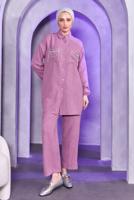 Tesettür giyim MOR TAŞ DETAYLI PANTOLONLU TAKIM T 8683
