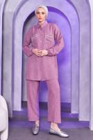 Tesettür giyim MOR TAŞ DETAYLI PANTOLONLU TAKIM T 8683