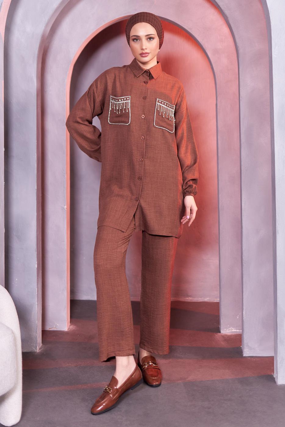 Tesettür giyim KAHVE TAŞ DETAYLI PANTOLONLU TAKIM T 8683