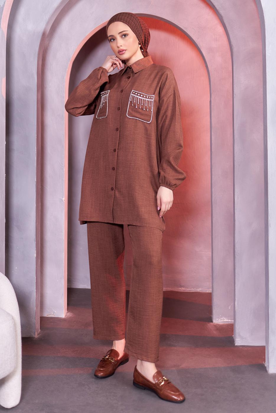 Tesettür giyim KAHVE TAŞ DETAYLI PANTOLONLU TAKIM T 8683