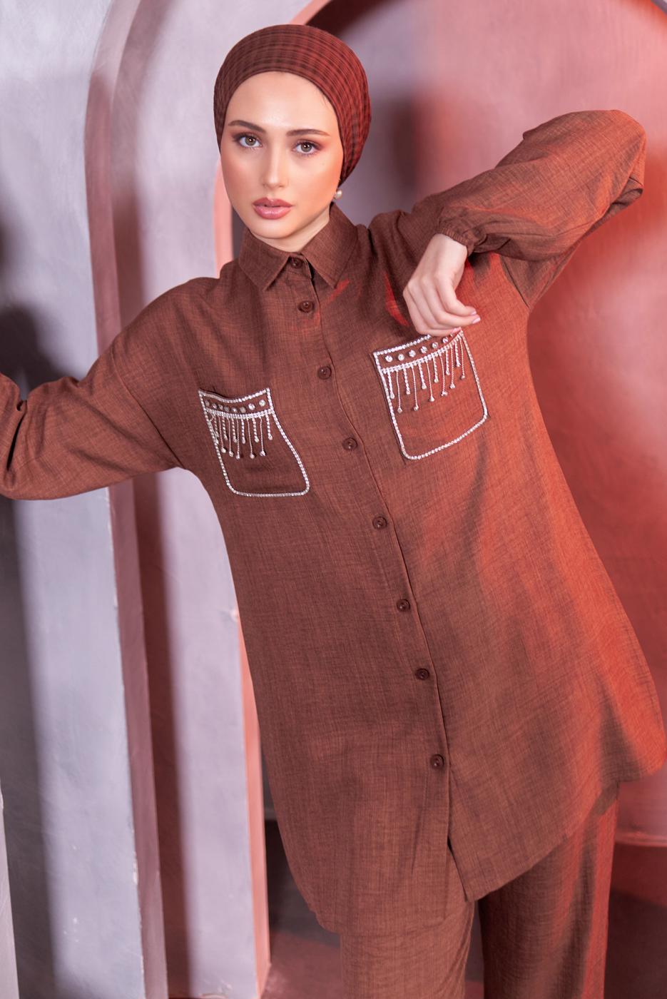 Tesettür giyim KAHVE TAŞ DETAYLI PANTOLONLU TAKIM T 8683