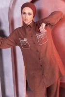 Tesettür giyim KAHVE TAŞ DETAYLI PANTOLONLU TAKIM T 8683