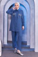 Tesettür giyim LACİVERT TAŞ DETAYLI PANTOLONLU TAKIM T 8683