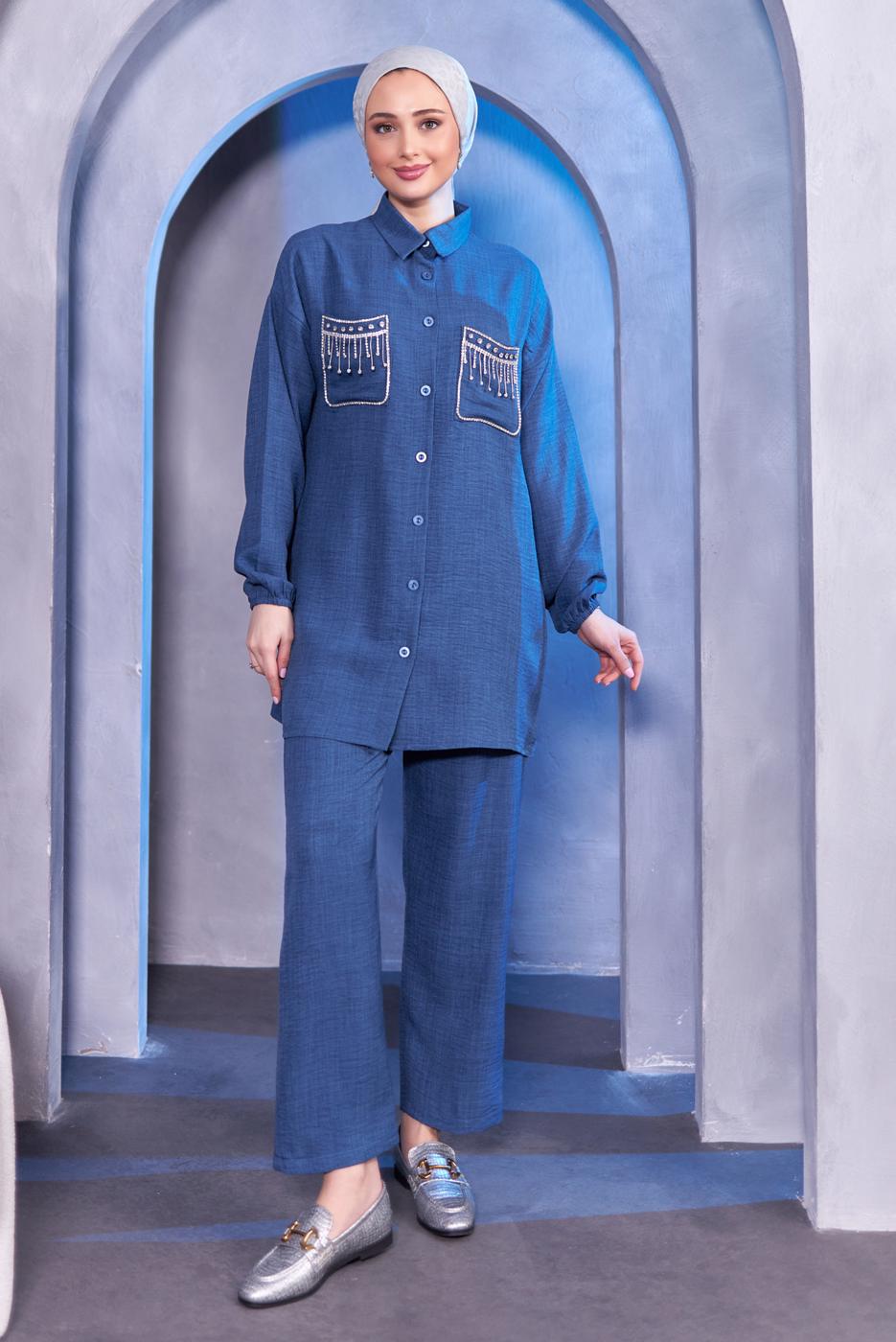 Tesettür giyim LACİVERT TAŞ DETAYLI PANTOLONLU TAKIM T 8683