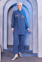 Tesettür giyim LACİVERT TAŞ DETAYLI PANTOLONLU TAKIM T 8683
