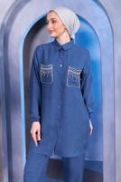 Tesettür giyim LACİVERT TAŞ DETAYLI PANTOLONLU TAKIM T 8683