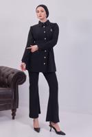 Tesettür giyim SİYAH KUŞAKLI ÇİZGİLİ PANTOLONLU TAKIM T 8783