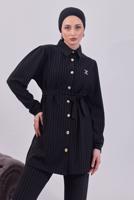 Tesettür giyim SİYAH KUŞAKLI ÇİZGİLİ PANTOLONLU TAKIM T 8783