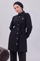Tesettür giyim SİYAH KUŞAKLI ÇİZGİLİ PANTOLONLU TAKIM T 8783
