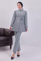 Tesettür giyim GRİ KUŞAKLI ÇİZGİLİ PANTOLONLU TAKIM T 8783