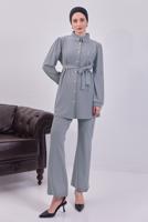 Tesettür giyim GRİ KUŞAKLI ÇİZGİLİ PANTOLONLU TAKIM T 8783