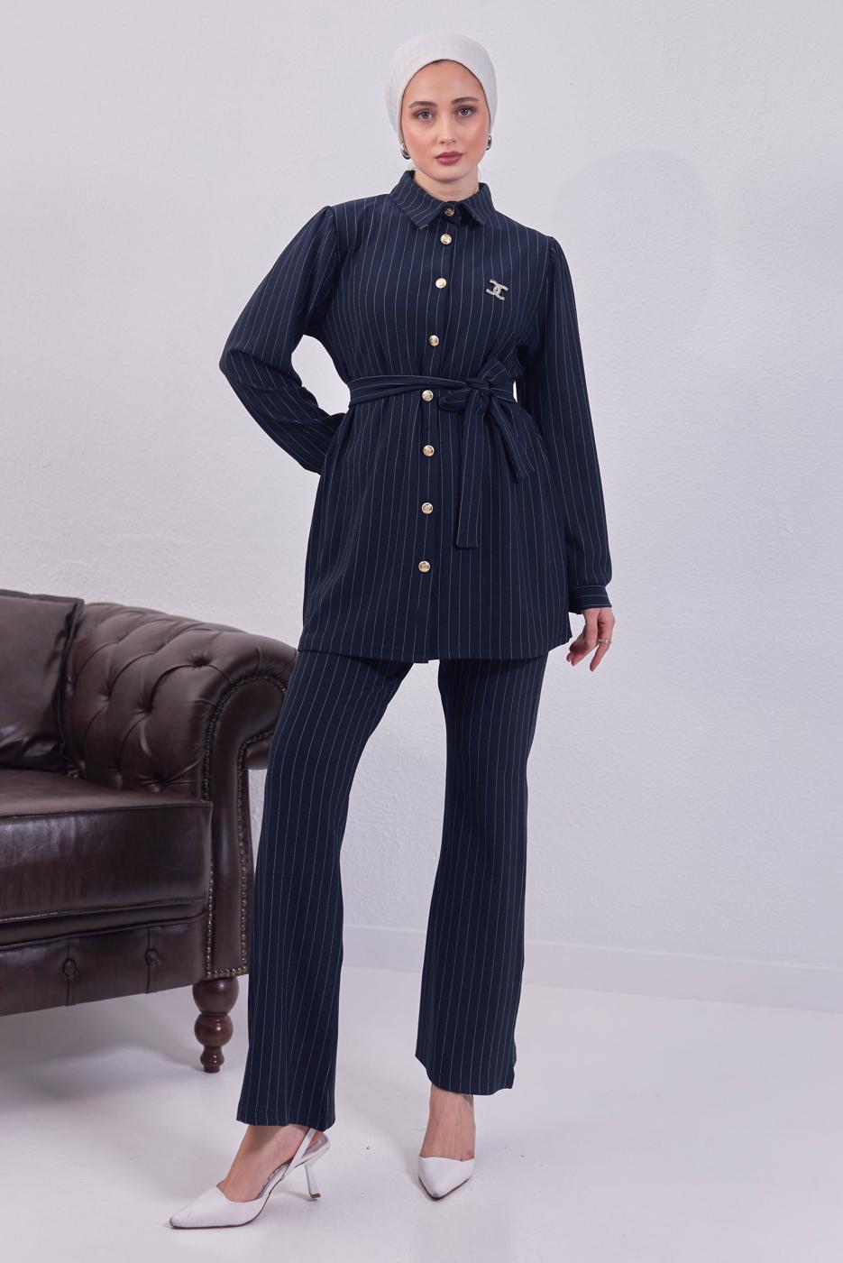 Tesettür giyim LACİVERT KUŞAKLI ÇİZGİLİ PANTOLONLU TAKIM T 8783